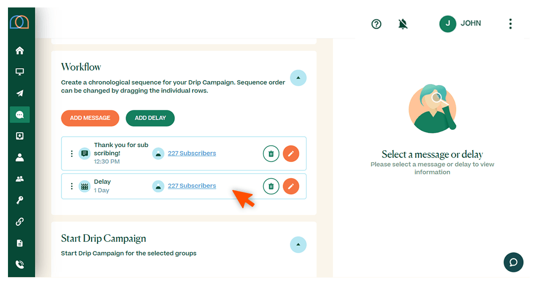 Screenshots briefly walking through the process of setting up a drip campaign, with arrows and circles drawing the readers’ attention to important parts of the graphic