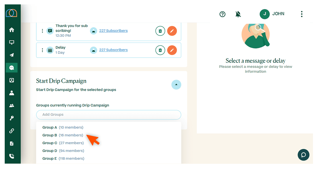 Screenshots briefly walking through the process of setting up a drip campaign, with arrows and circles drawing the readers’ attention to important parts of the graphic
