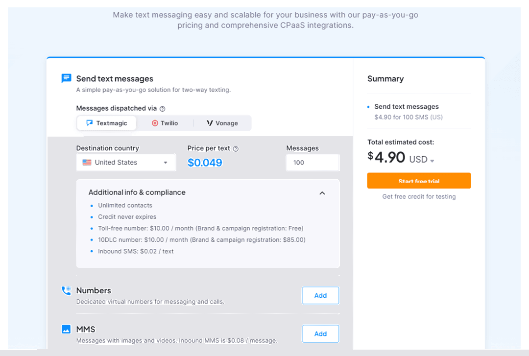 TextMagic pricing page