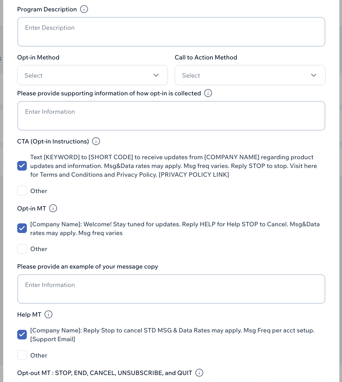 Screenshot of SMS registration form for short codes