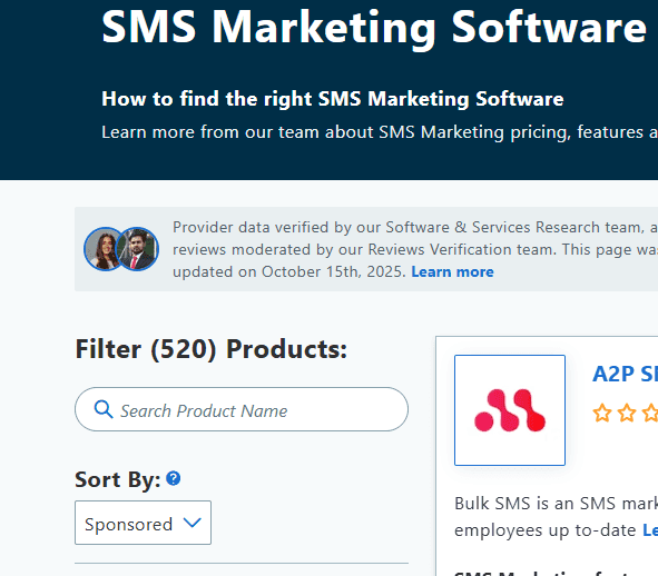 Screenshot of the "SMS Marketing Software" category on Capterra