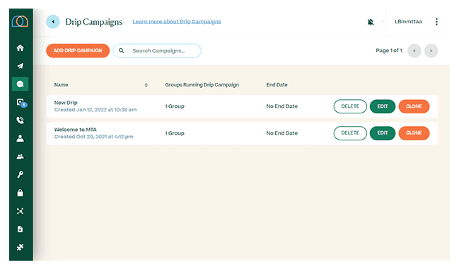 Screenshot of text drip campaigns page
