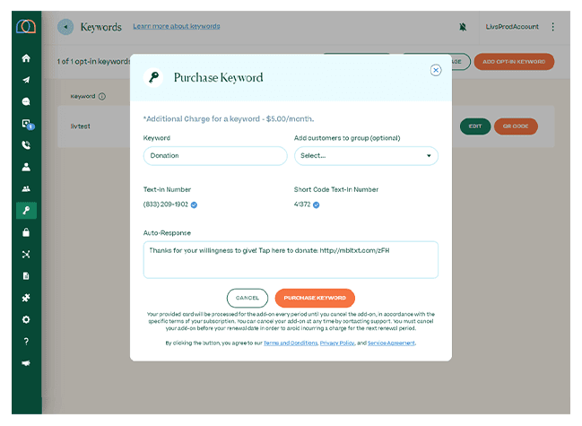 Screenshot of keywords tab with popup to purchase keyword