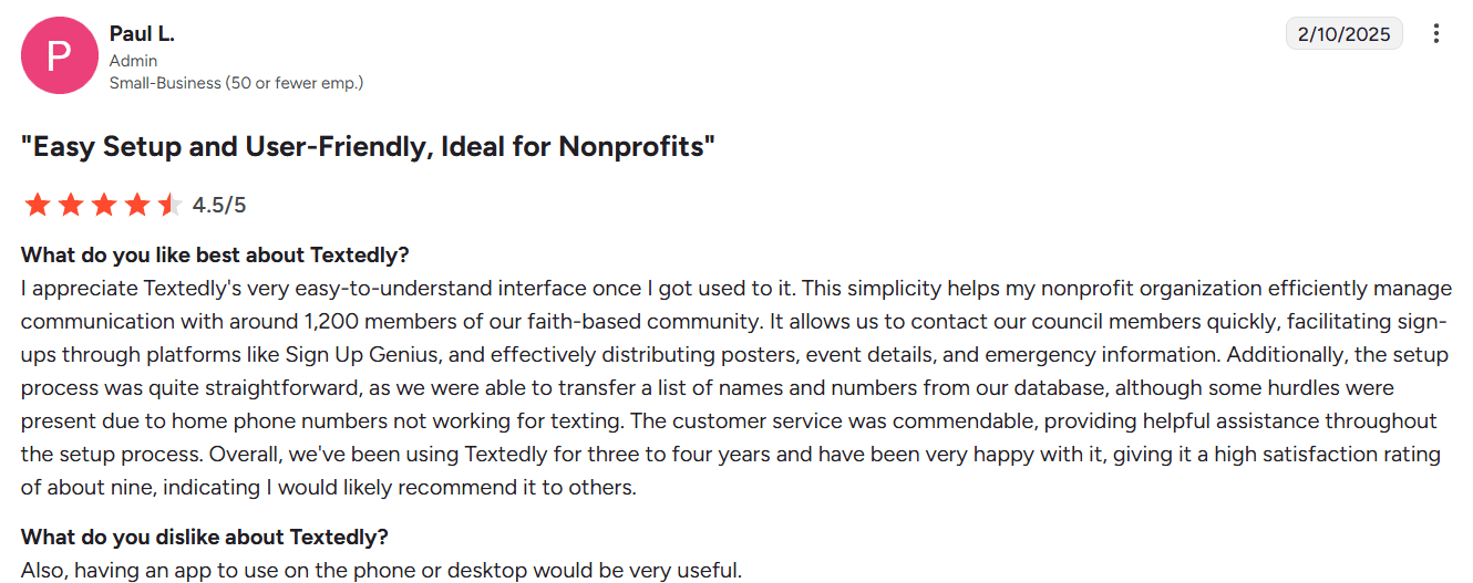 Screenshot of Textedly review from G2