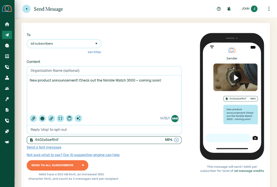 screenshot of “Send a Message” page with message typed out “New product announcement! Check out the Nimble Watch 3000 – coming soon!” and a mocked up related video thumbnail attached to the message preview