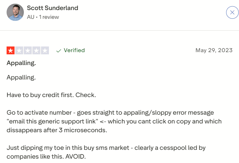 Screenshot of Textmagic review from TrustPilot
