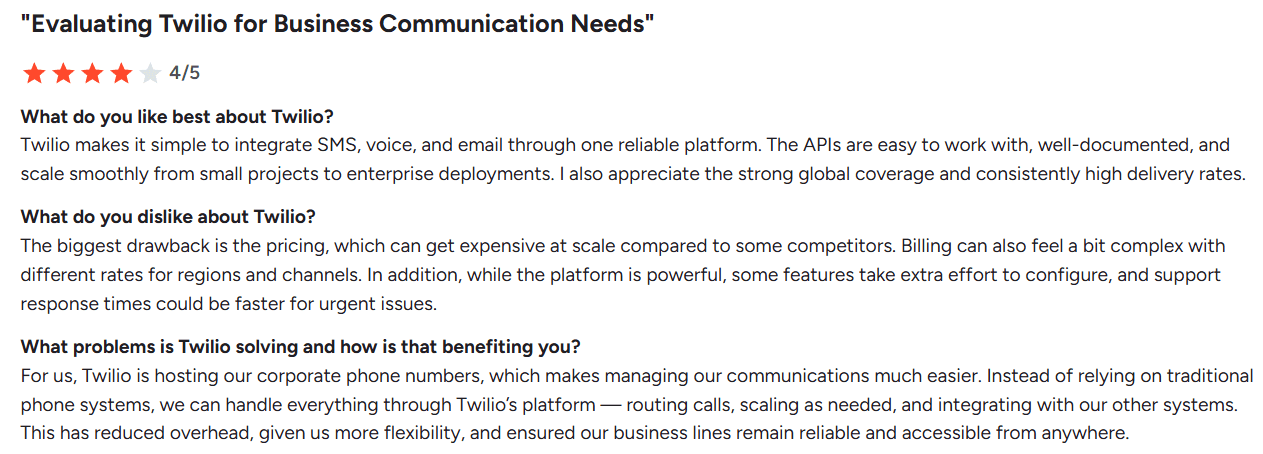 Screenshot of Twilio review from G2