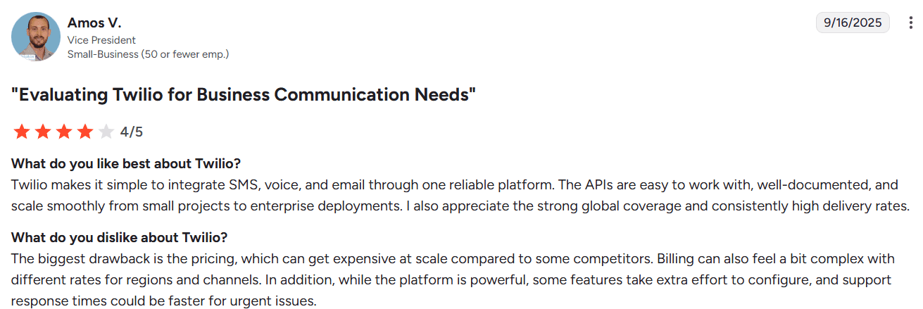 Screenshot of Twilio review from G2
