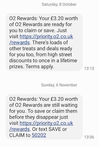 Text thread displaying promotional offers
