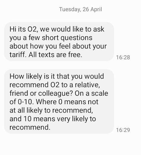 Text thread displaying survey questions