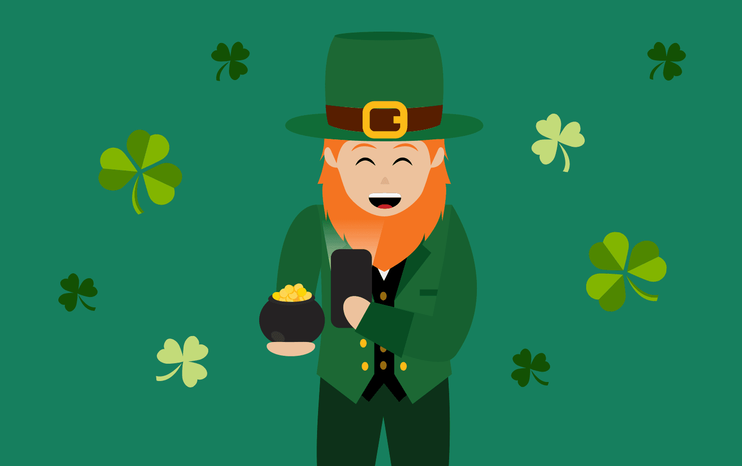 Leprechaun texting with pot of gold and clovers
