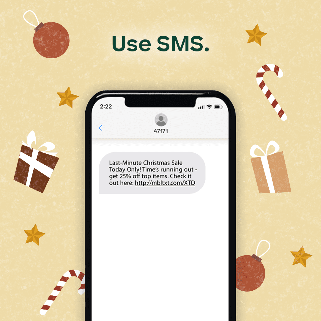 "Use SMS" graphic with phone and Christmas icons