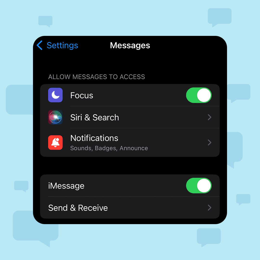 Screenshot indicating iMessage toggle, which is found in Settings→Messages