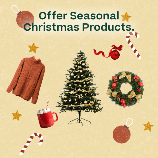 "Offer seasonal Christmas products" showing a Christmas tree, wreath, and other Christmas items