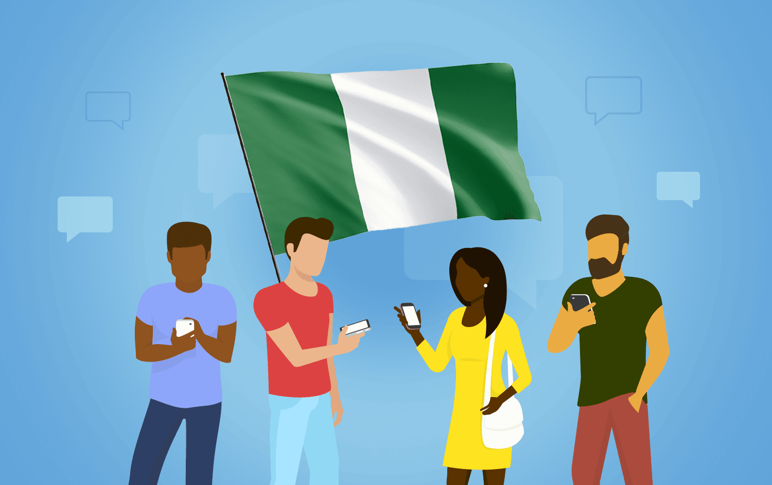 Cartoon representation of people texting with Nigerian flag in background]