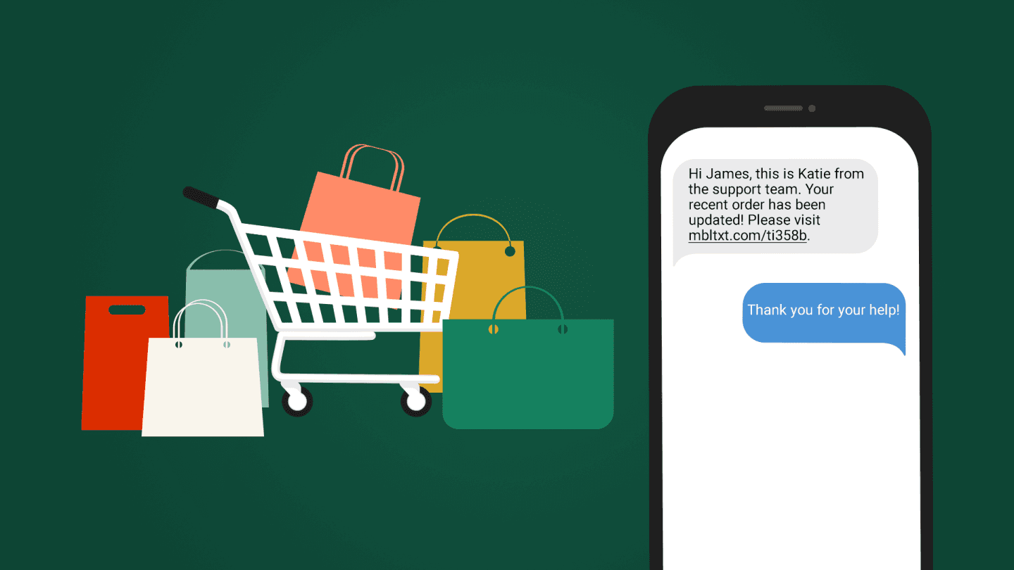 Shopping cart, shopping bags, and text message example