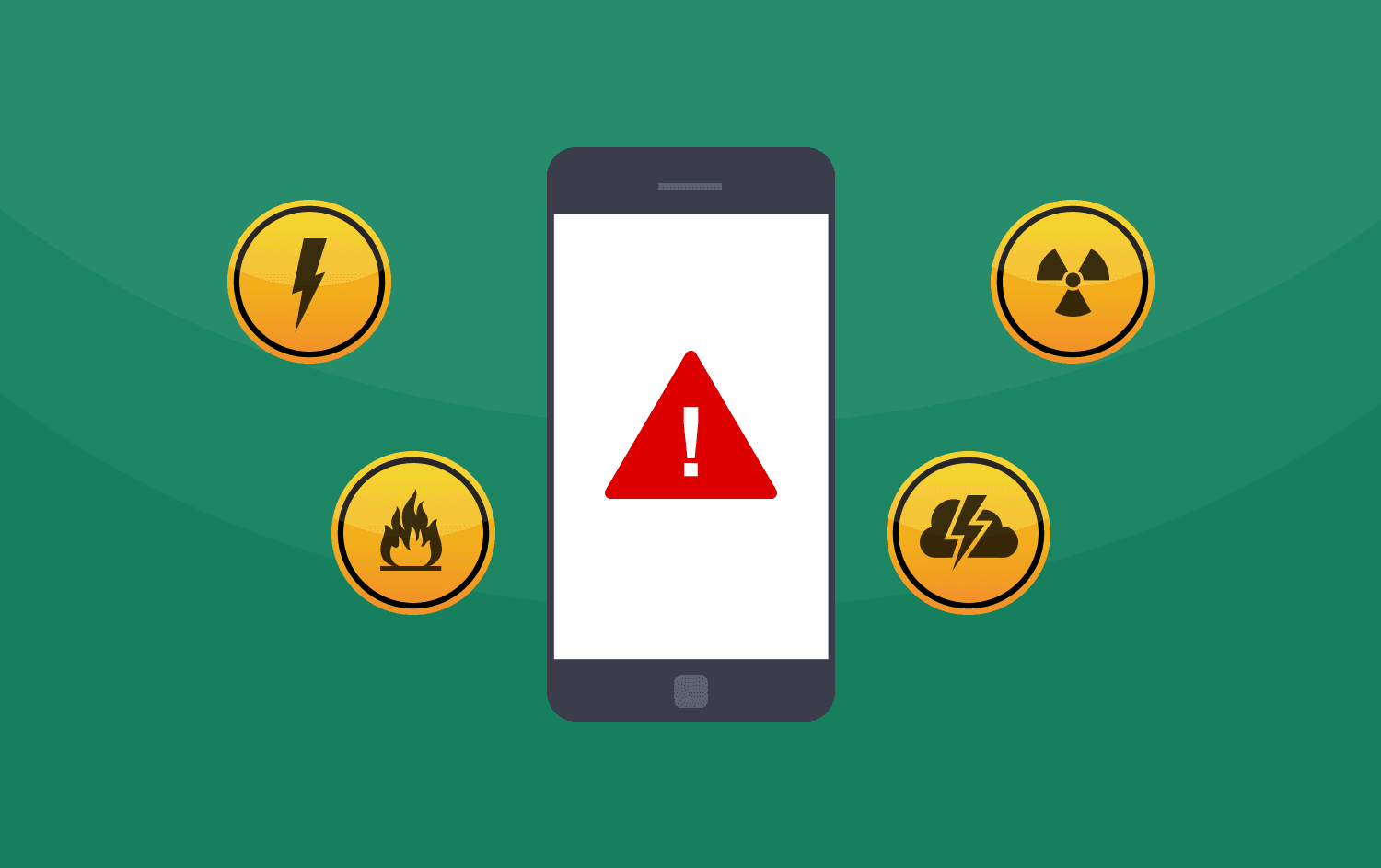 Cartoon representation of various safety threats such as severe weather, a hazardous spill, and a power outage, with “warning” symbol and a smartphone