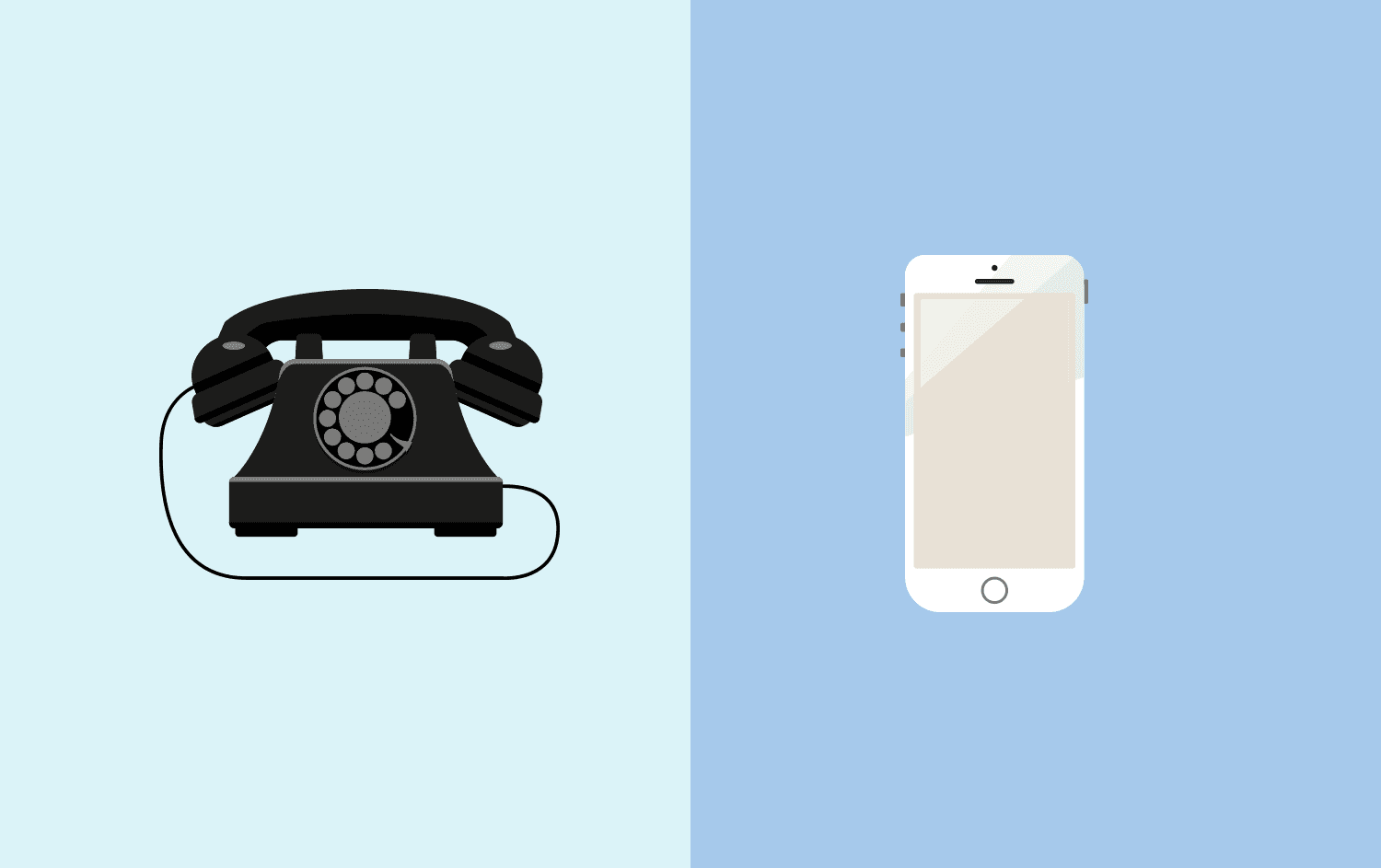 Cartoon representation with split screen of old-fashioned phone and a modern smartphone