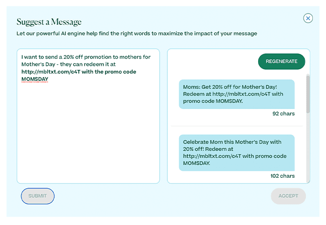 Screenshot of AI SMS suggestion tool