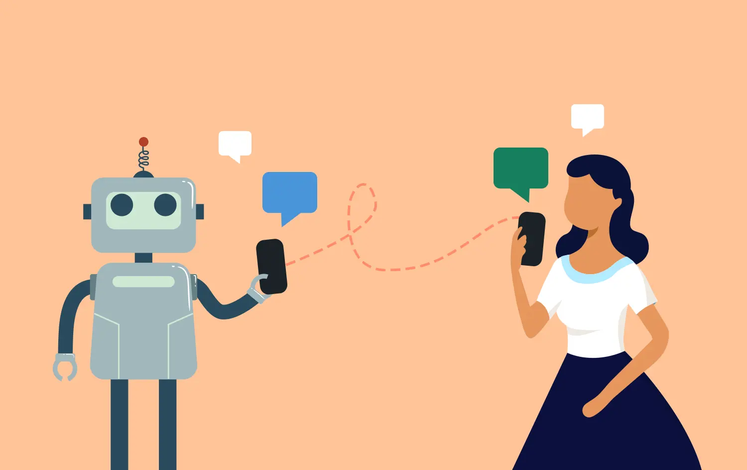 Cartoon representation of a robot sending a text message and a person receiving it