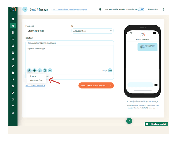 Screenshot of Send a Message page in SMS platform