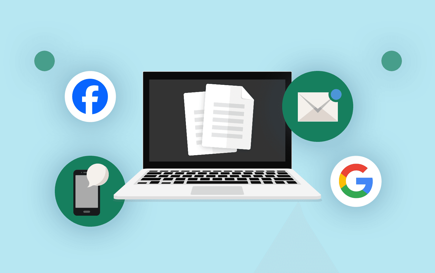 Icons representing different areas of digital marketing: Email, SMS, Google, Facebook, an icon representing a document on a computer