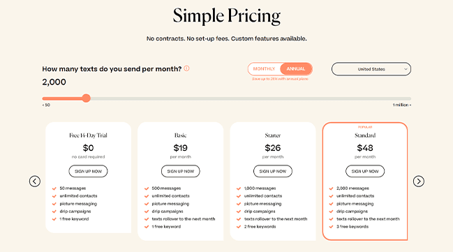 Mobile Text Alert's pricing page