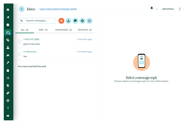 Screenshot of texting platform Inbox