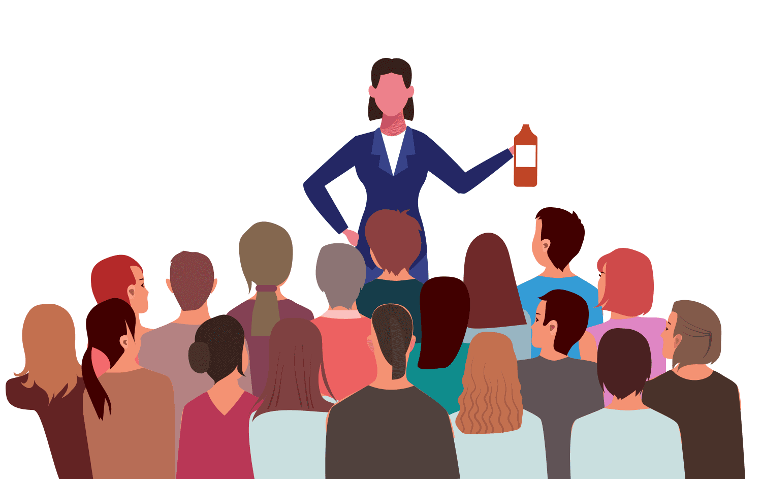 Cartoon representation of someone presenting a product to a crowd of people