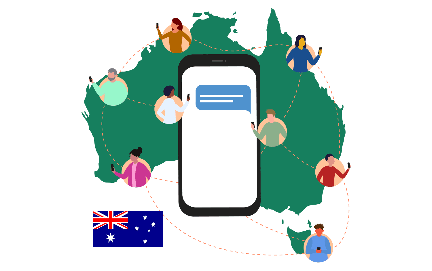 cartoon representation of a text message being sent to multiple people across Australia