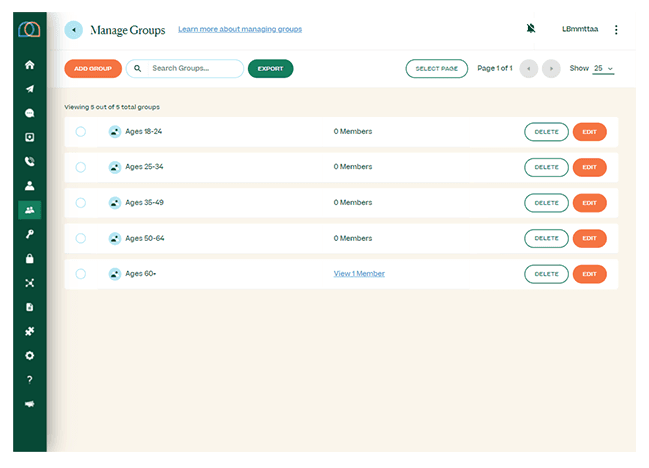 Screenshot of manage groups page