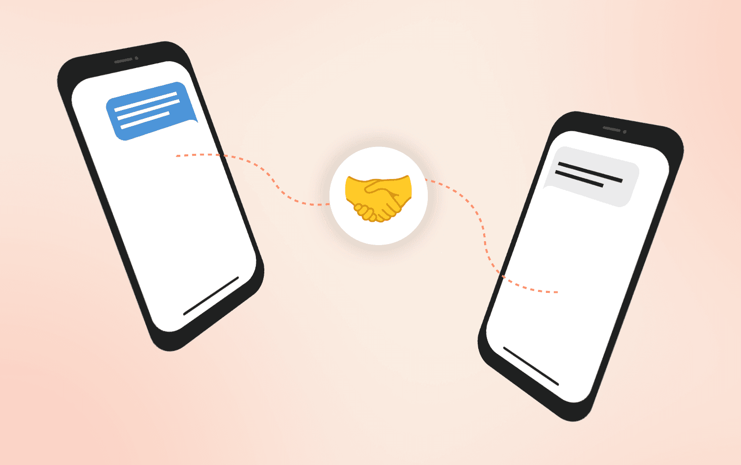 Cartoon graphic of two smartphones side by side connected by a glowing bar. In the middle of the bar is a handshake emoji