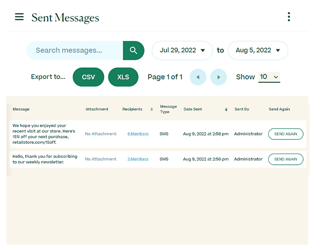 Screenshot of sent messages report