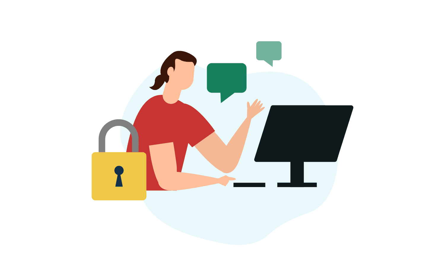 cartoon representation of a text message bubble and security lock with somebody using a laptop