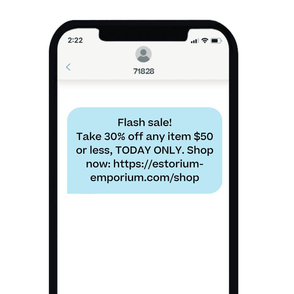 Phone showing text for a flash sale