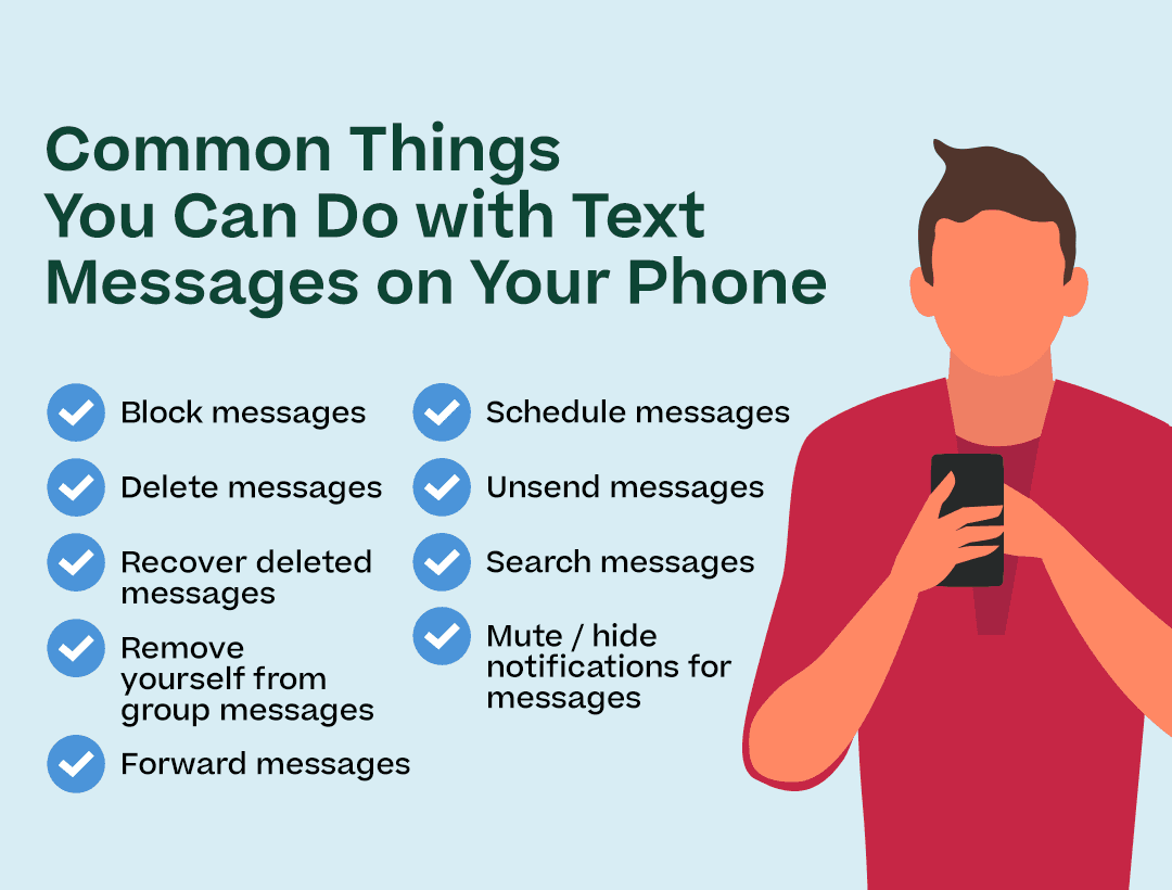 Common Things You Can Do with Text Messages on Your Phone with the following and checkmarks next to each and showing a cartoon person on phone: