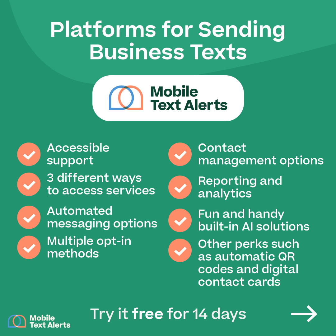 Platforms for Sending Business Texts: Mobile Text Alerts” with the MTA logo and all the bolded text above bulleted and “Try it free for 14 days” on the bottom