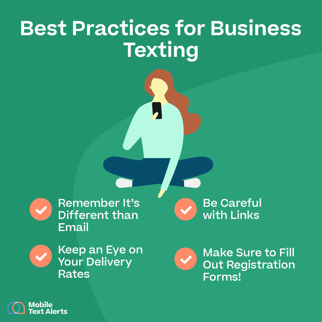 Best Practices for Business Texting” and each of the header points above with cartoon stylings of people texting