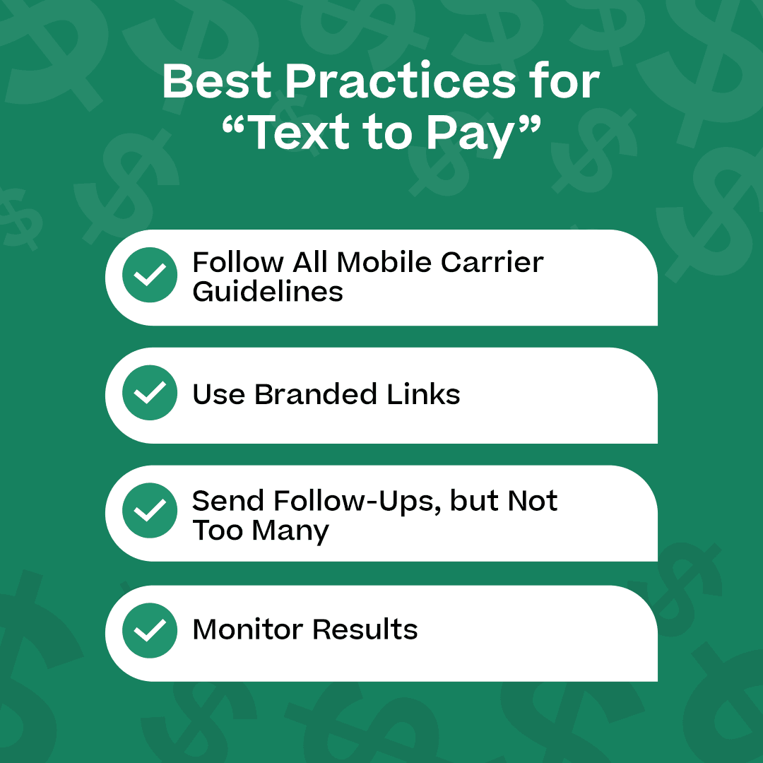 Best Practices for “Text to Pay”” and the subheadings below with checkmark icons for each point - could have smartphone icons and dollar sign icons in background