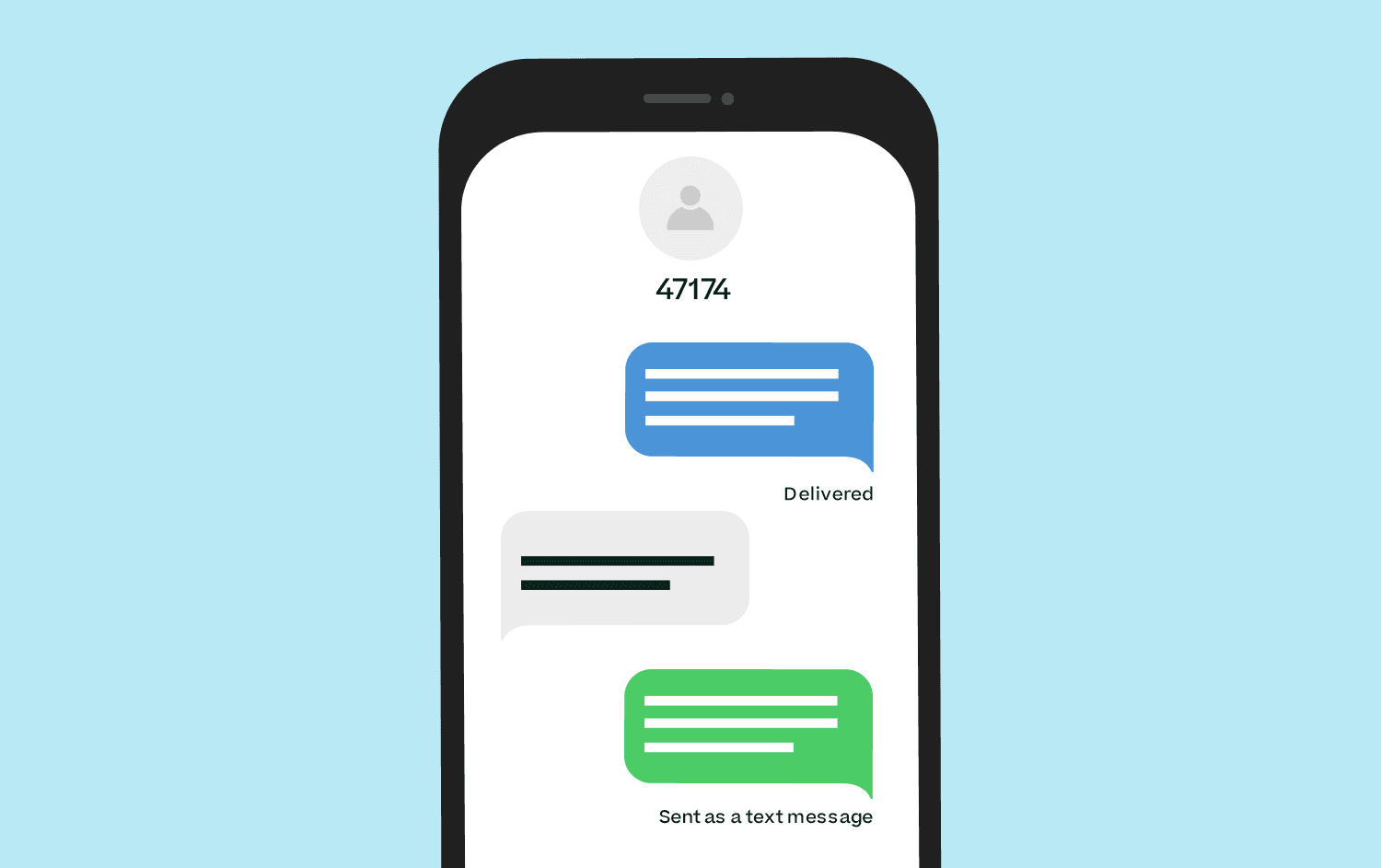Cartoon text message conversation showing blue bubbles and then a green one from the sender that shows “Sent as text message”